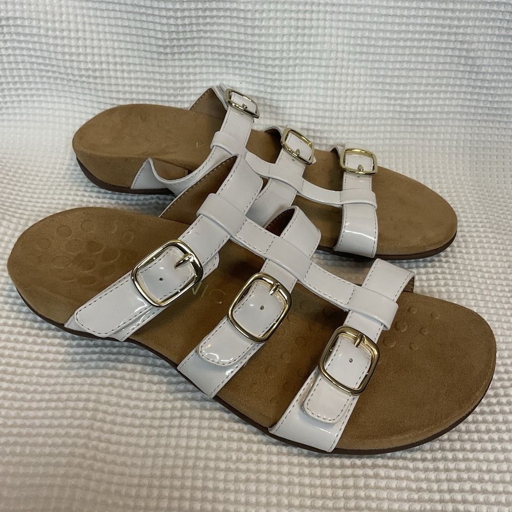 Vionic Misa Slide Sandals White Patent Leather Size 9 Adjustable Straps Comfort